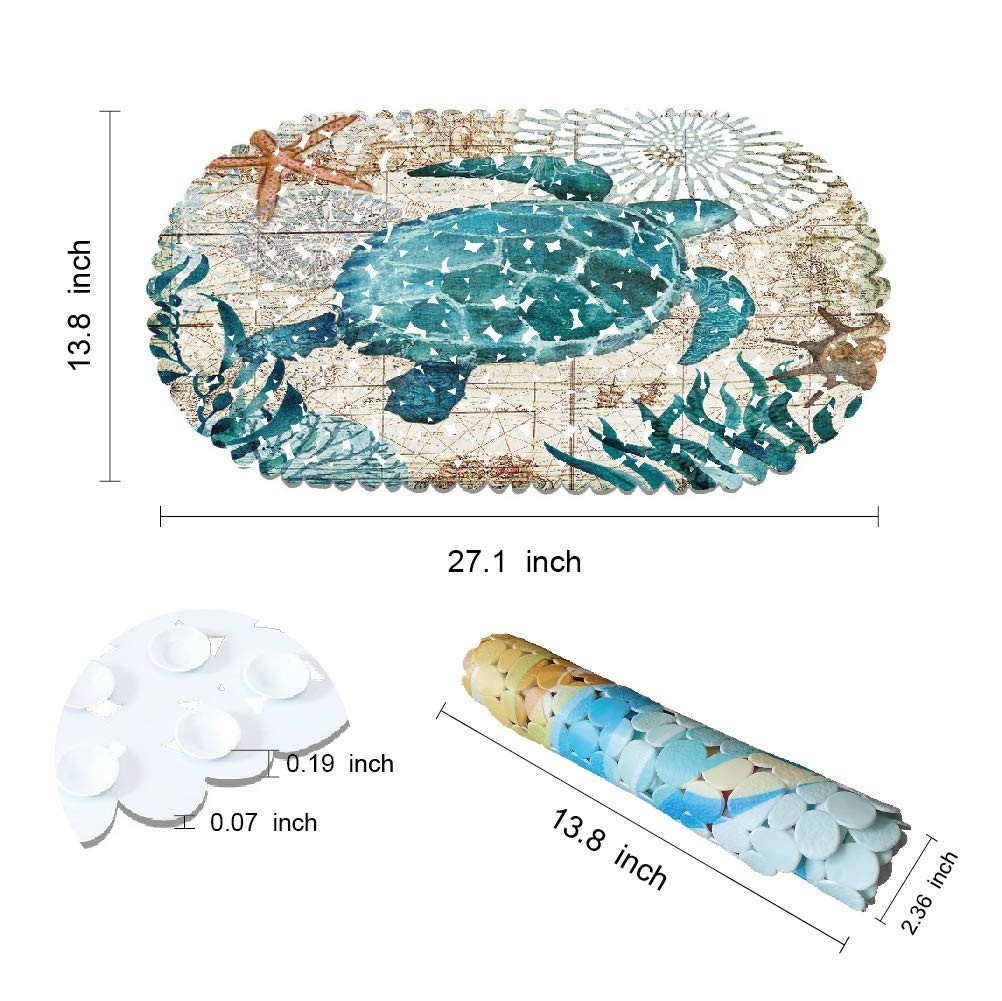 Non Slip Sea Turtle Bathtub Mat with Suction Cups, Oval Pebble Shower Mat for...