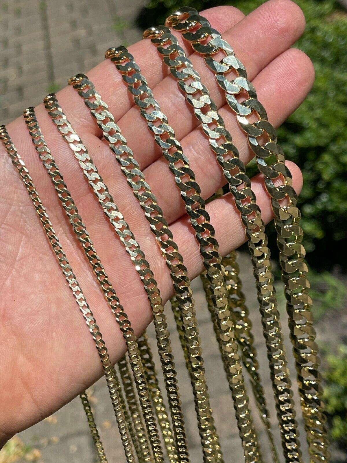 REAL Solid 925 Silver 14k Gold Plated Flat Cuban Link Chain Necklace 3mm - 11mm