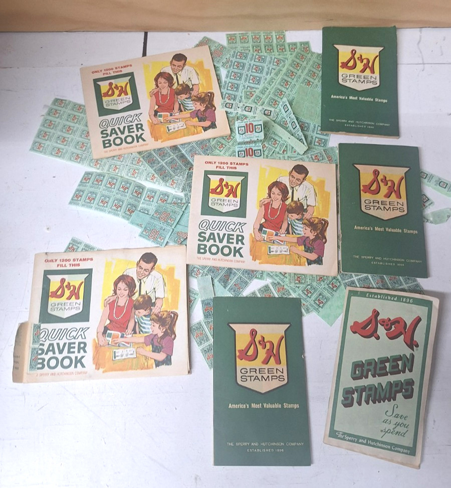 Lot of Vintage S & H Green Stamps w/ full and blank books from 1957, 1961 & 1964