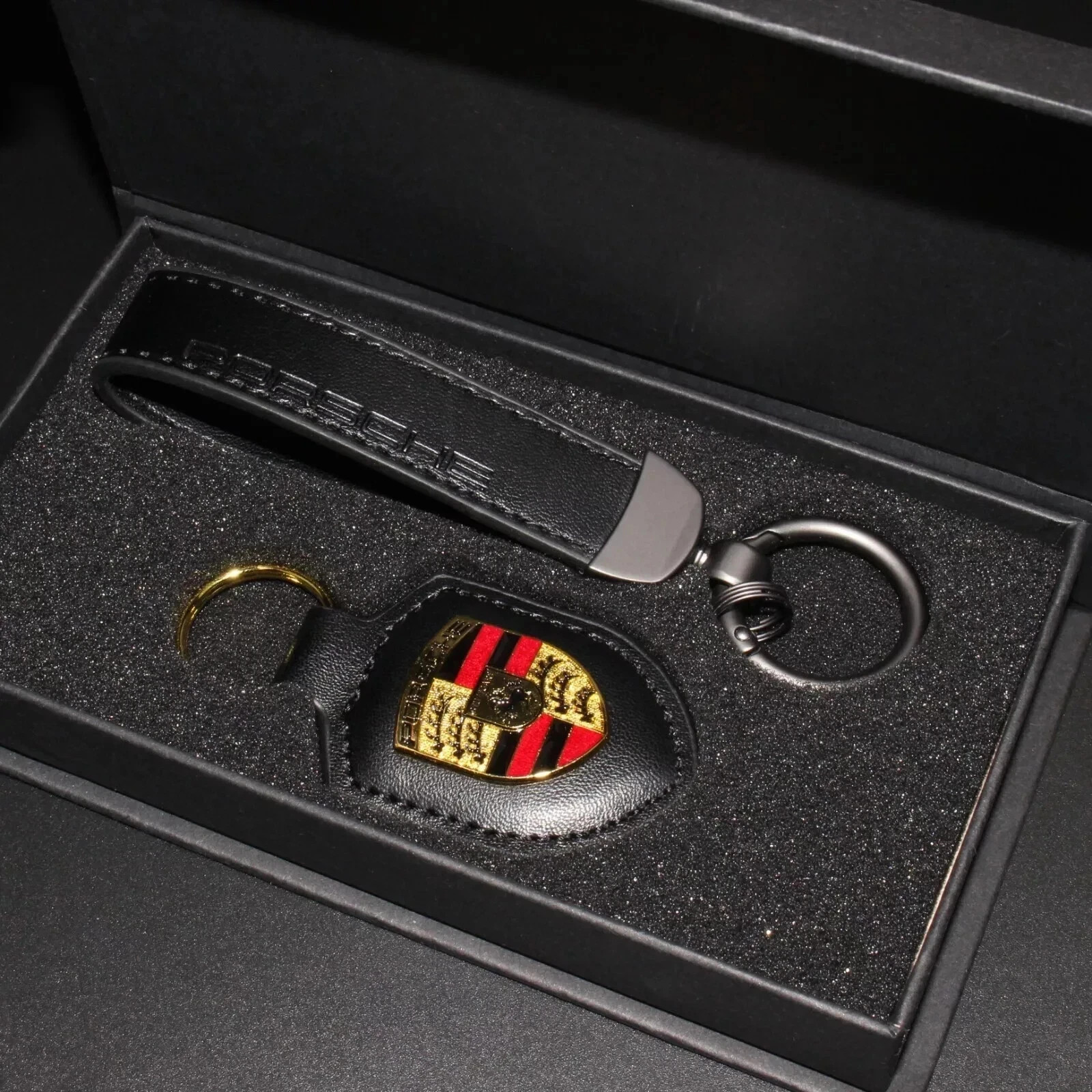 Leather Porsche Premium Keychain with Box Exquisite Set Men Gift-Black
