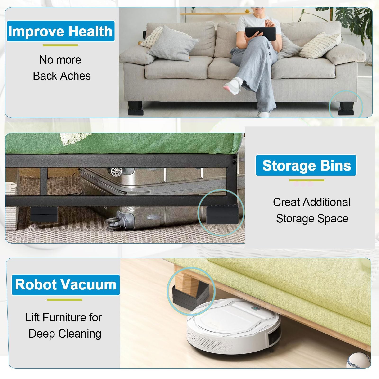 Bed Risers 1 inch, 2 inch, 3 inch, 4 inch Heavy Duty, Adjustable Furniture Riser