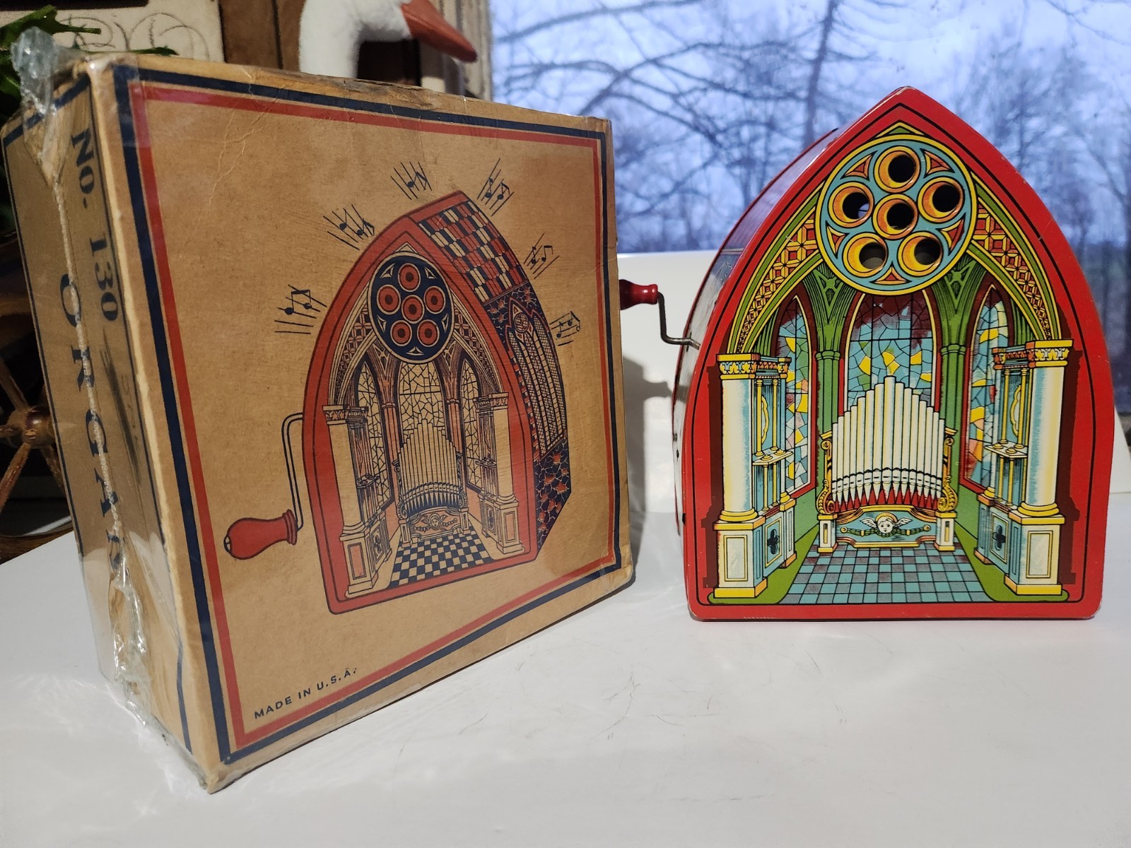 Old Chein Tin Wind Up Musical Cathedral Church Organ With Box