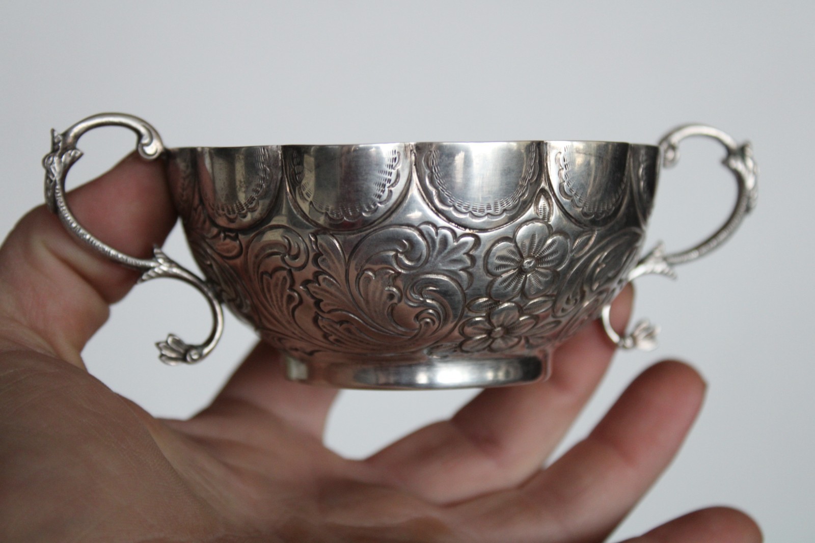 Antique 19th Century Silver Portuguese Bernegal Repousse Handled Religious Cup