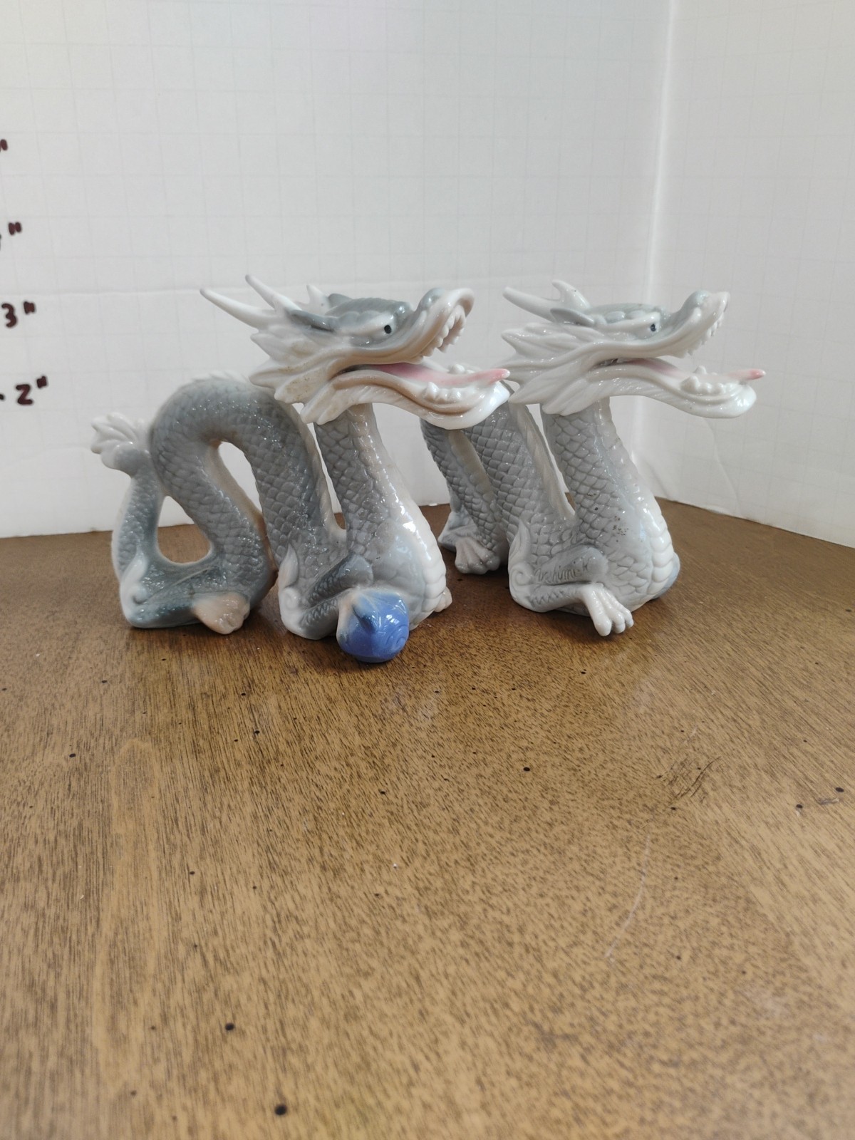 Vintage Yoshimi K Porcelain Foo Dragon Figurine Gray White Sphere Japan