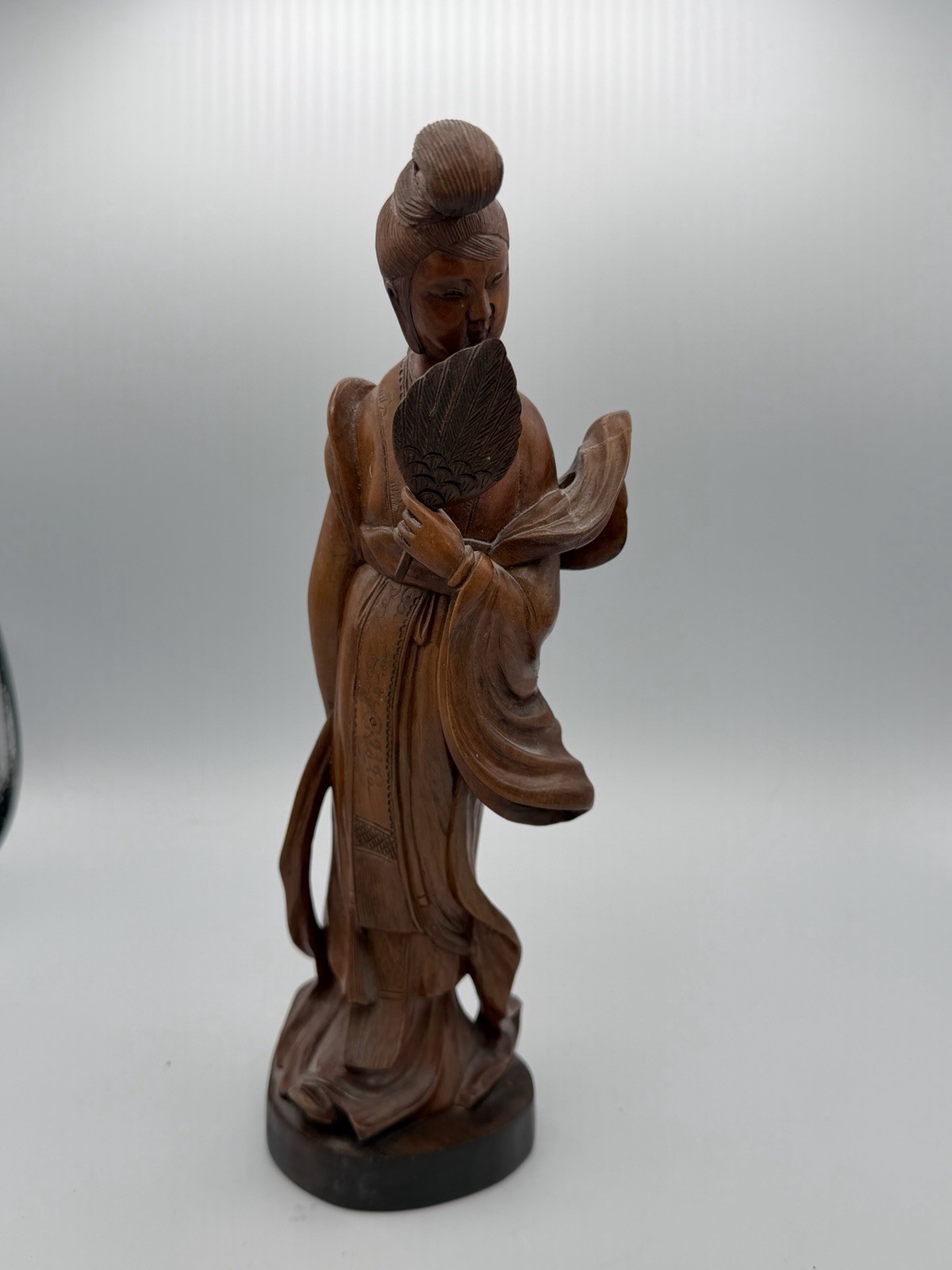 Vintage Hand Carved Wood Geisha Figurine Woman With Fan Asian Statue 9”