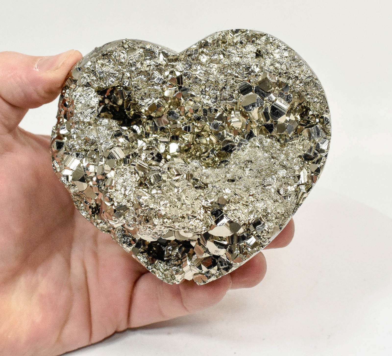 4.01" Polished PYRITE CRYSTAL HEART Carving Huanzala mine, Peru T709