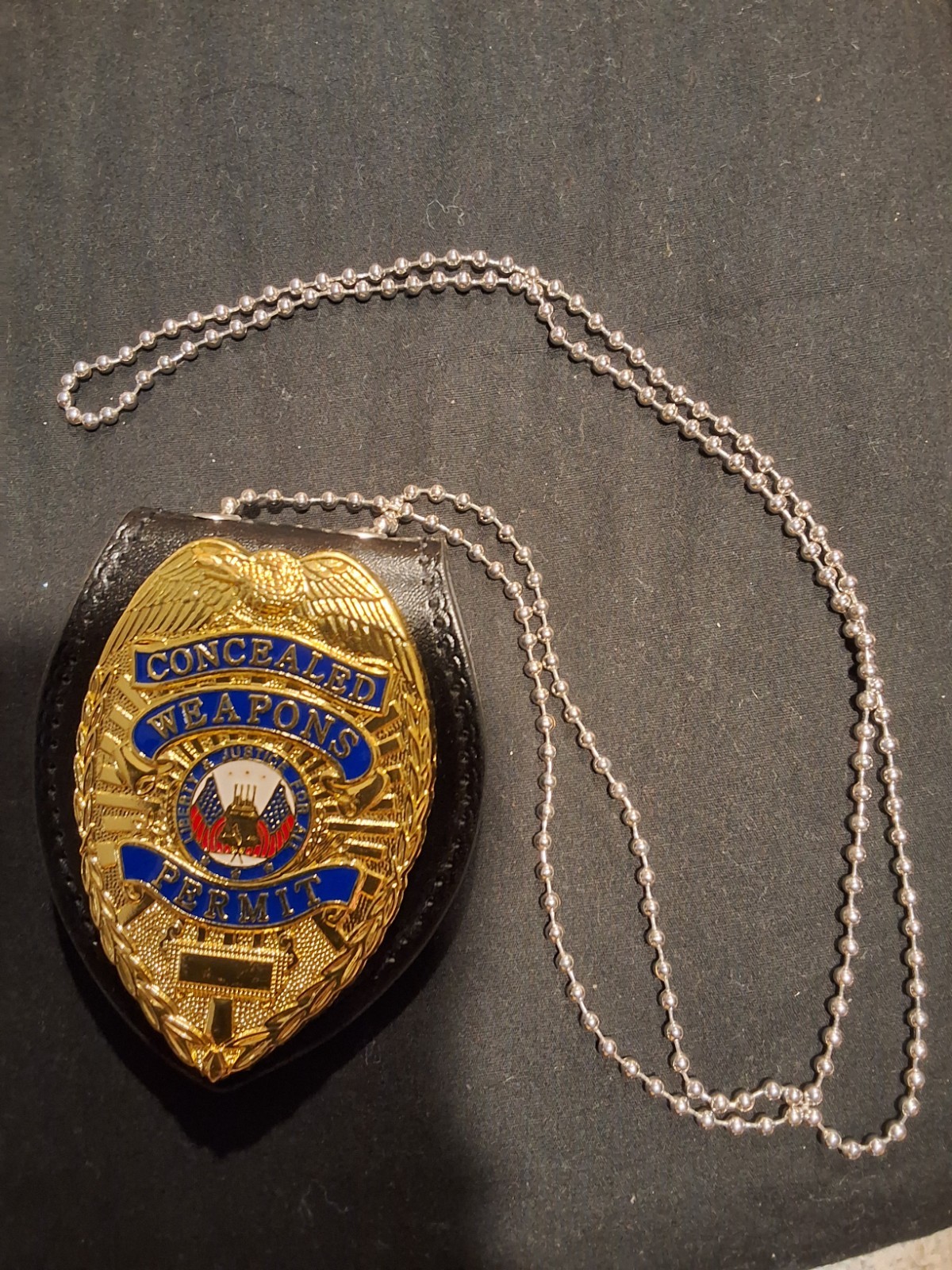 Conceal Carry Badge With Leather Case,  Clip, Chain (Gold)