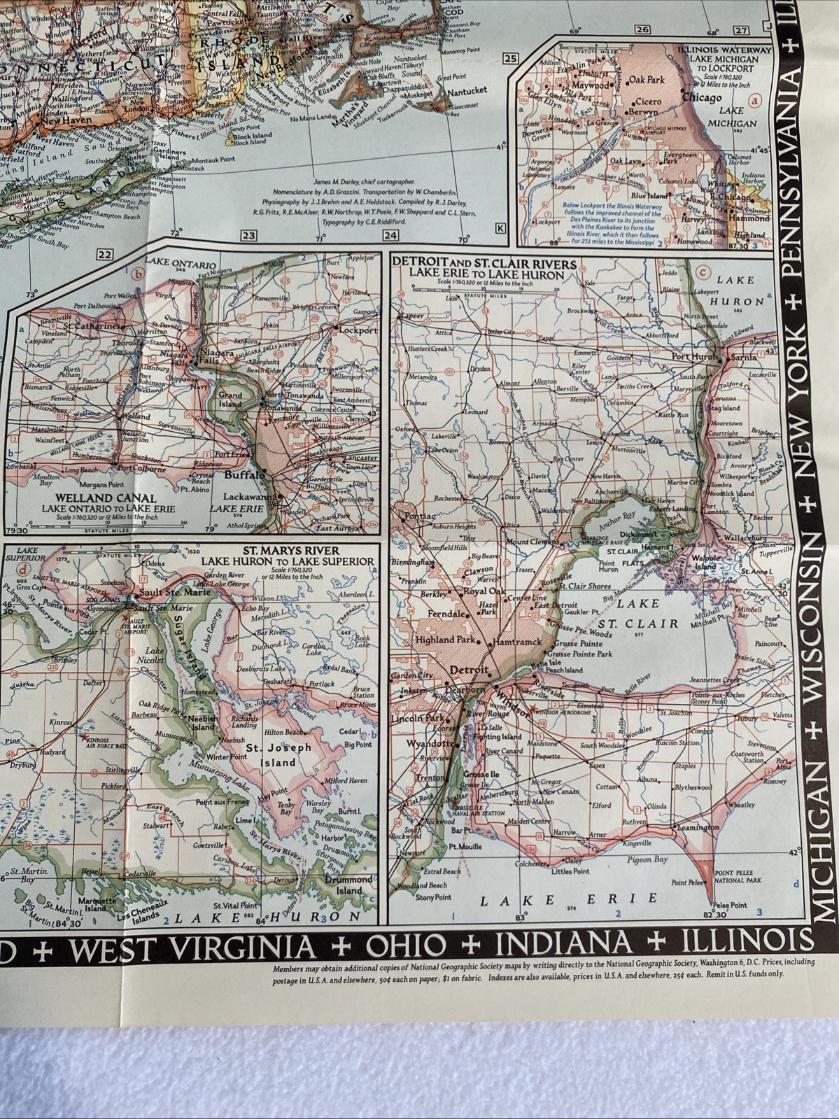 Great Lakes Region USA & Canada - National Geographic Map December 1953 42x28”