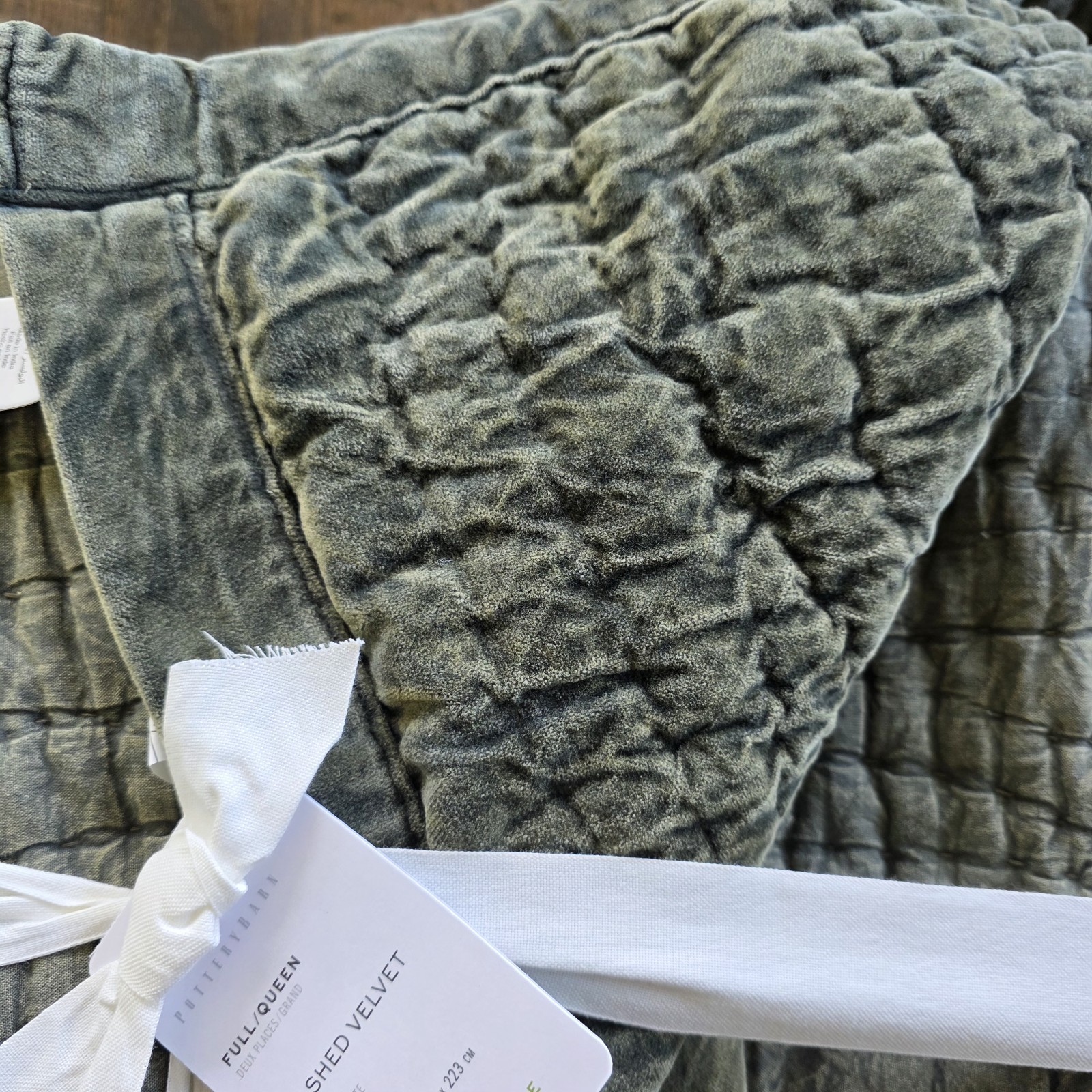 Pottery Barn Washed Velvet Handcrafted Quilt Full Queen Loden Green New