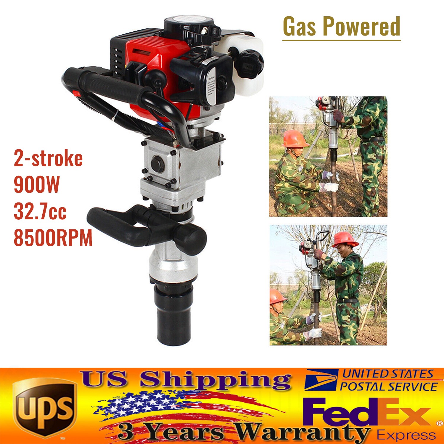 Gas Powered T-Post Driver 2-Stroke Gasoline Engine Fence Farm Push Pile Digger