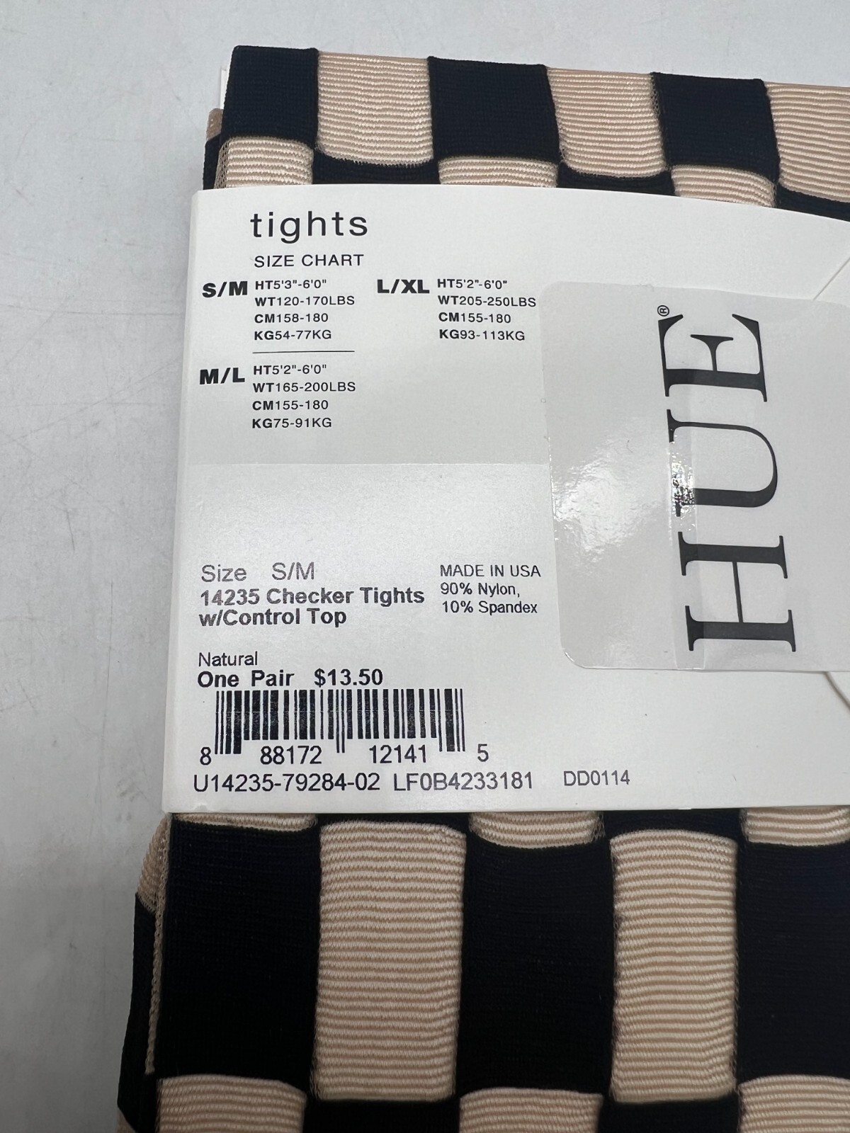 HUE Checker Tights w/ Control Top Sz S/M U14235 Natural & Black