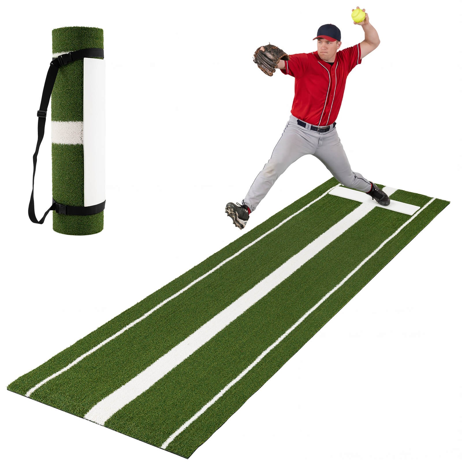Softball Pitching Mat w/Pitching Mound, Anti-Fade Turf & Anti-Slip Foam Backing