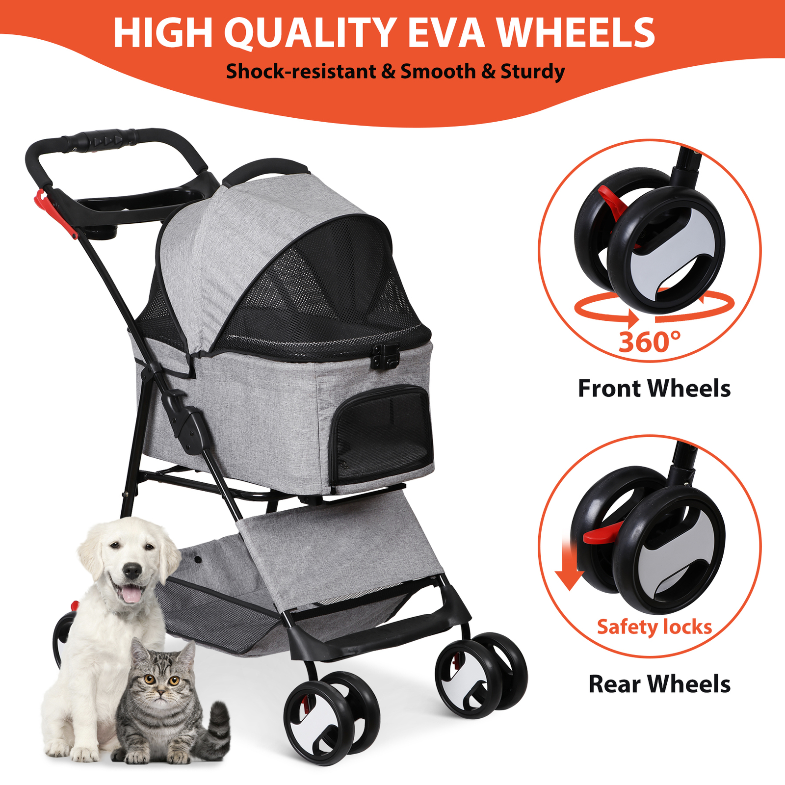Pet Stroller Foldable Dog Cat Jogger Stroller w/4 Wheel & Detachable Basket Gray