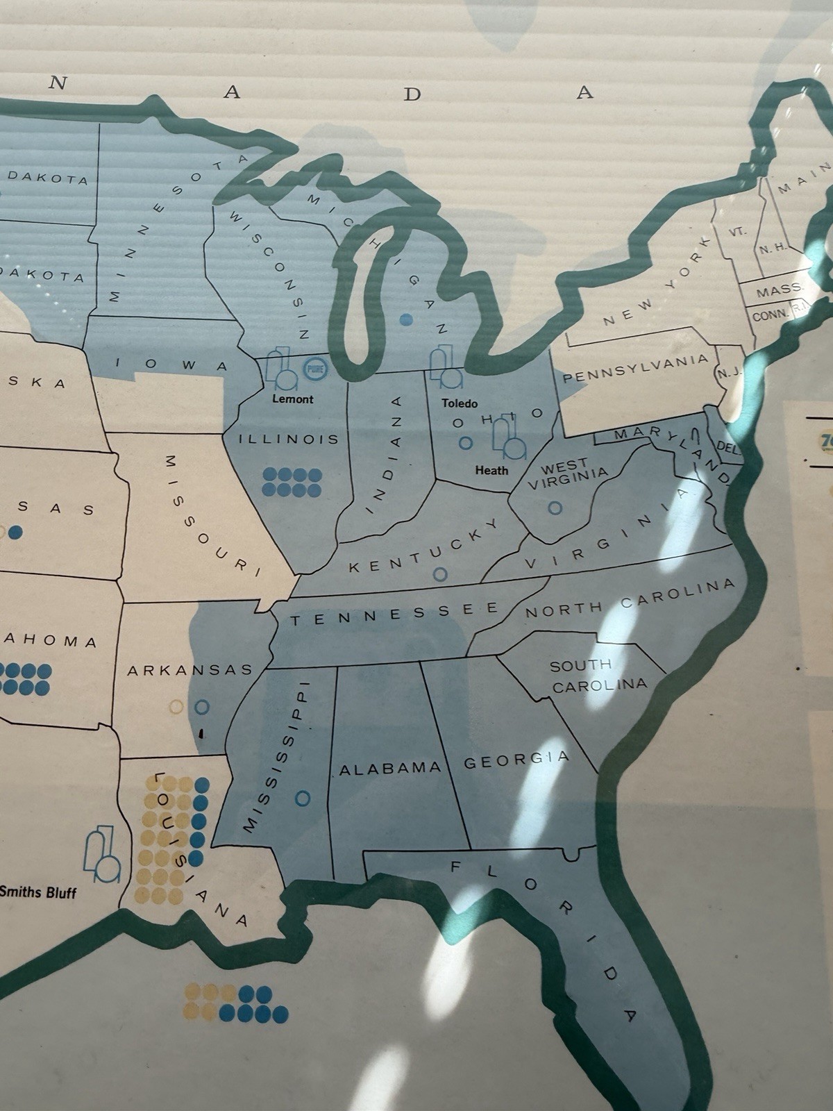 ANTIQUE UNION 76 OIL PRODUCING & MARKETING AREA REFINERIES FRAMED U.S. MAP