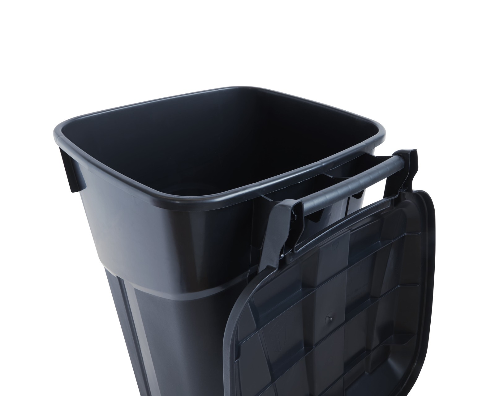 32 Gallon Wheeled Heavy Duty Plastic Garbage Can, Attached Lid, Black