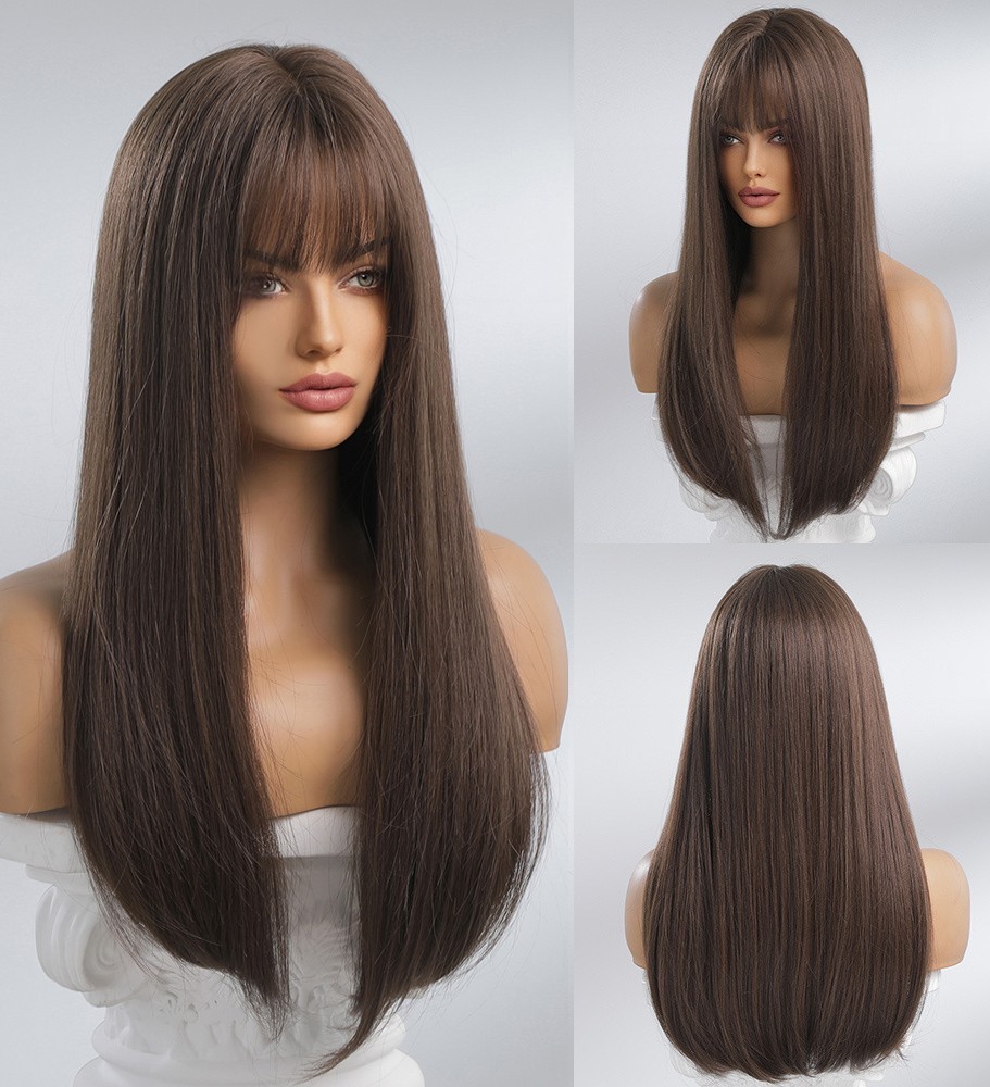 Heat Resistant Synthetic Hair Costume Wig With Bangs Choc Brown Long Straight
