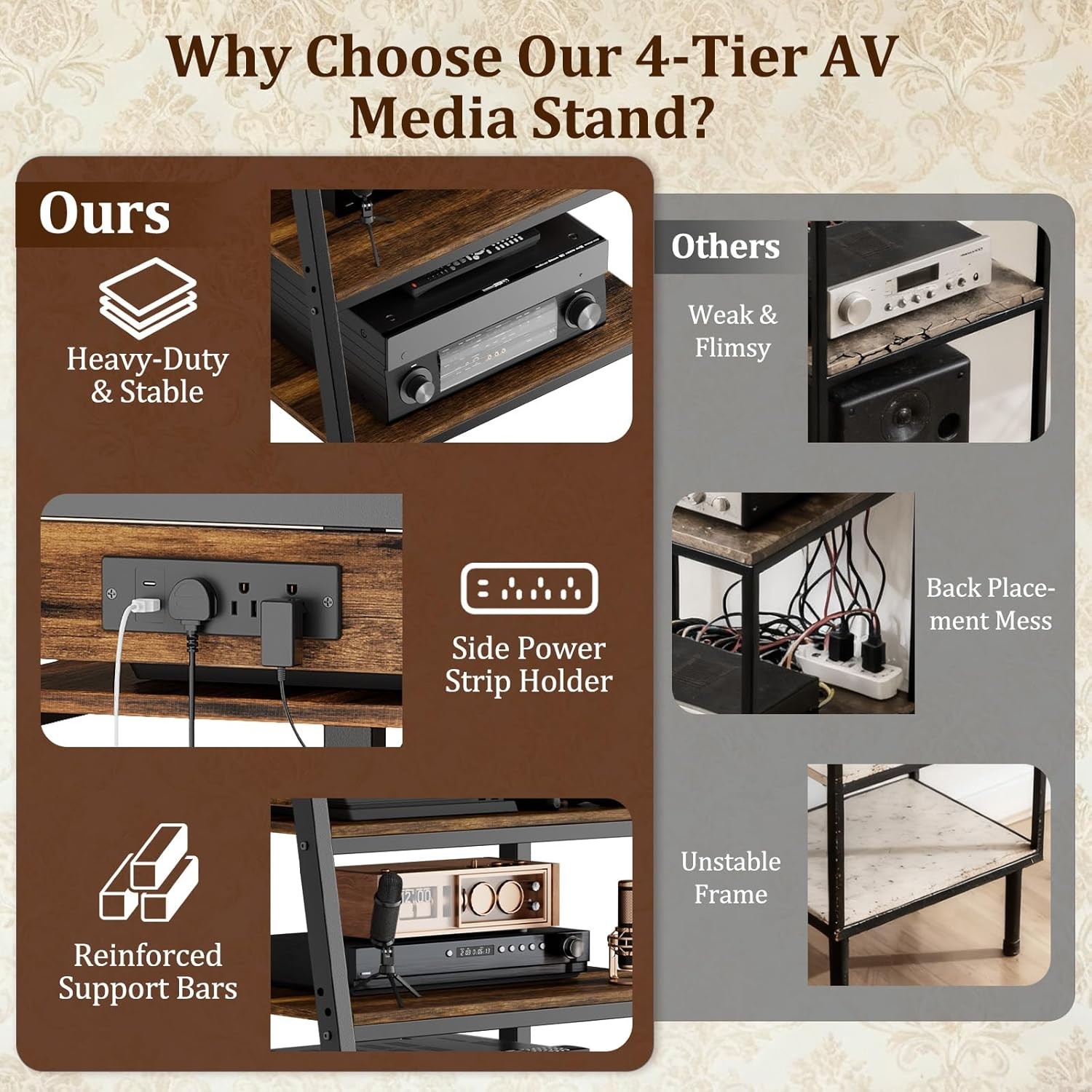 4-Tier AV Media Stand Stereo Cabinet Audio Rack W/ Side Power Strip & 2 Shelves