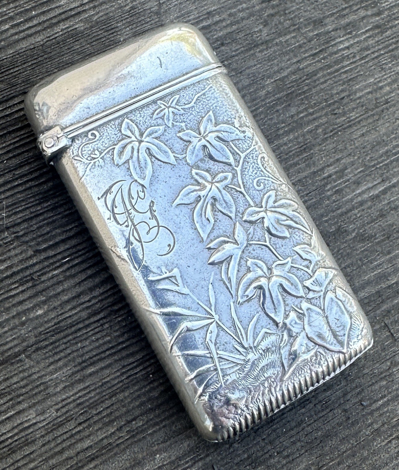Antique Wood & Hughes Sterling Silver Floral Engraved Vesta Case Match Safe