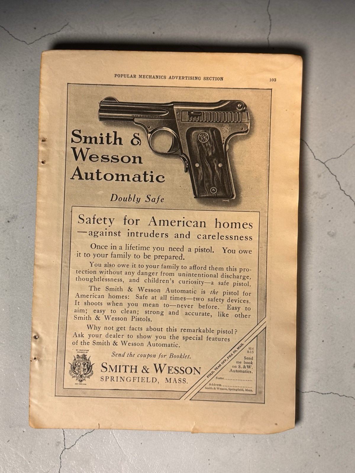 Antique 1915 OLD MAGAZINE PRINT AD SMITH & WESSON AUTOMATIC PISTOLS 9.5 X 6.5”
