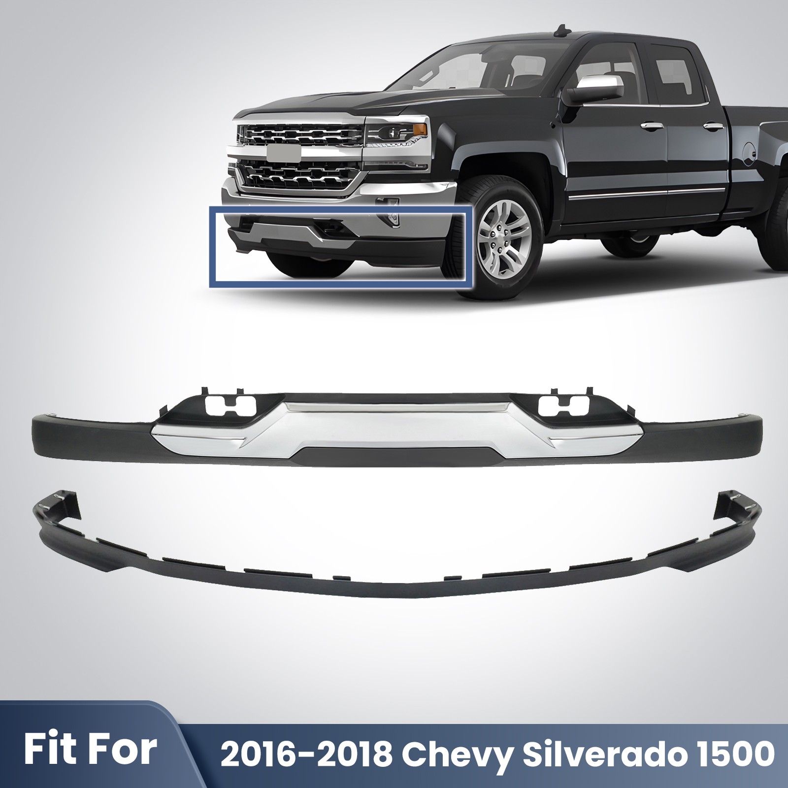 Front Upper Bumper Cover For 2016 2017 2018 Chevy Silverado 1500 w/Lower Valance