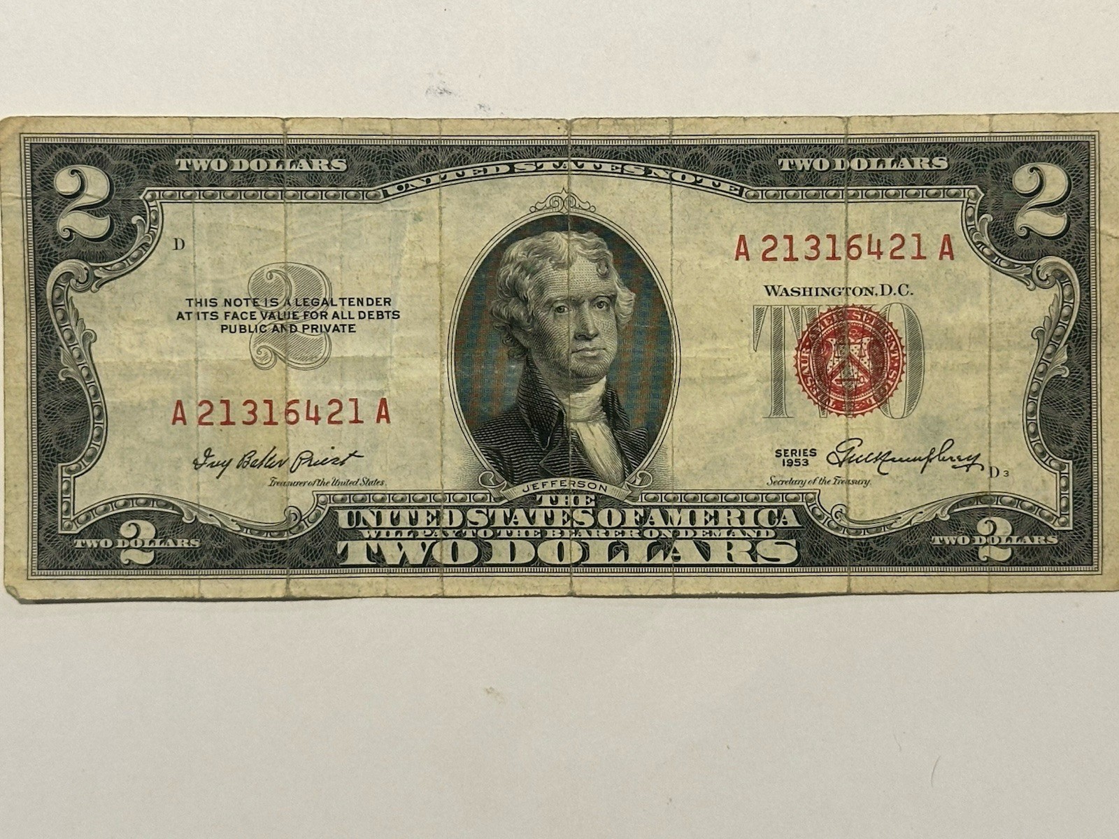 Series 1953 $2  US Note Red Seal Fair Shape D82