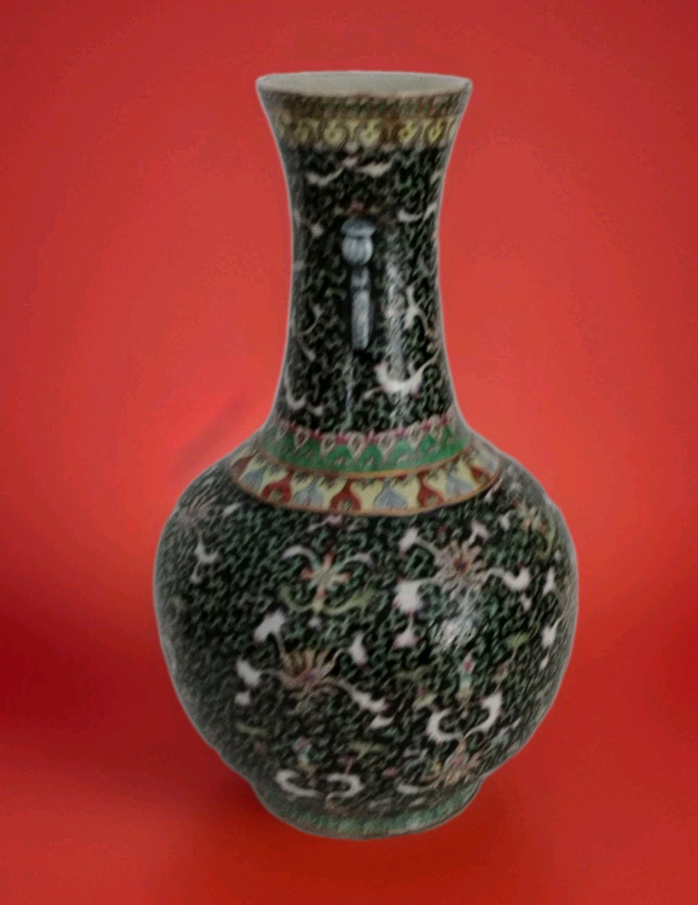 CHINESE BLACK PORCELAIN VASE 14" FLORAL FAMILLE NOIRE STYLE