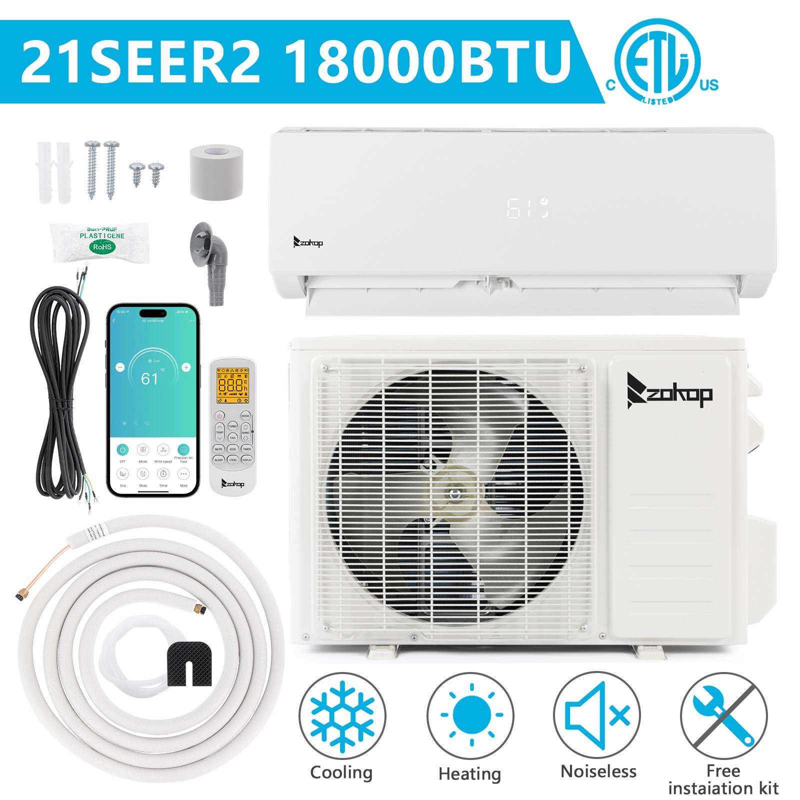 ZOKOP 18,000 BTU Mini Split Air Conditioner & Heater Ductless Inverter 21 SEER2