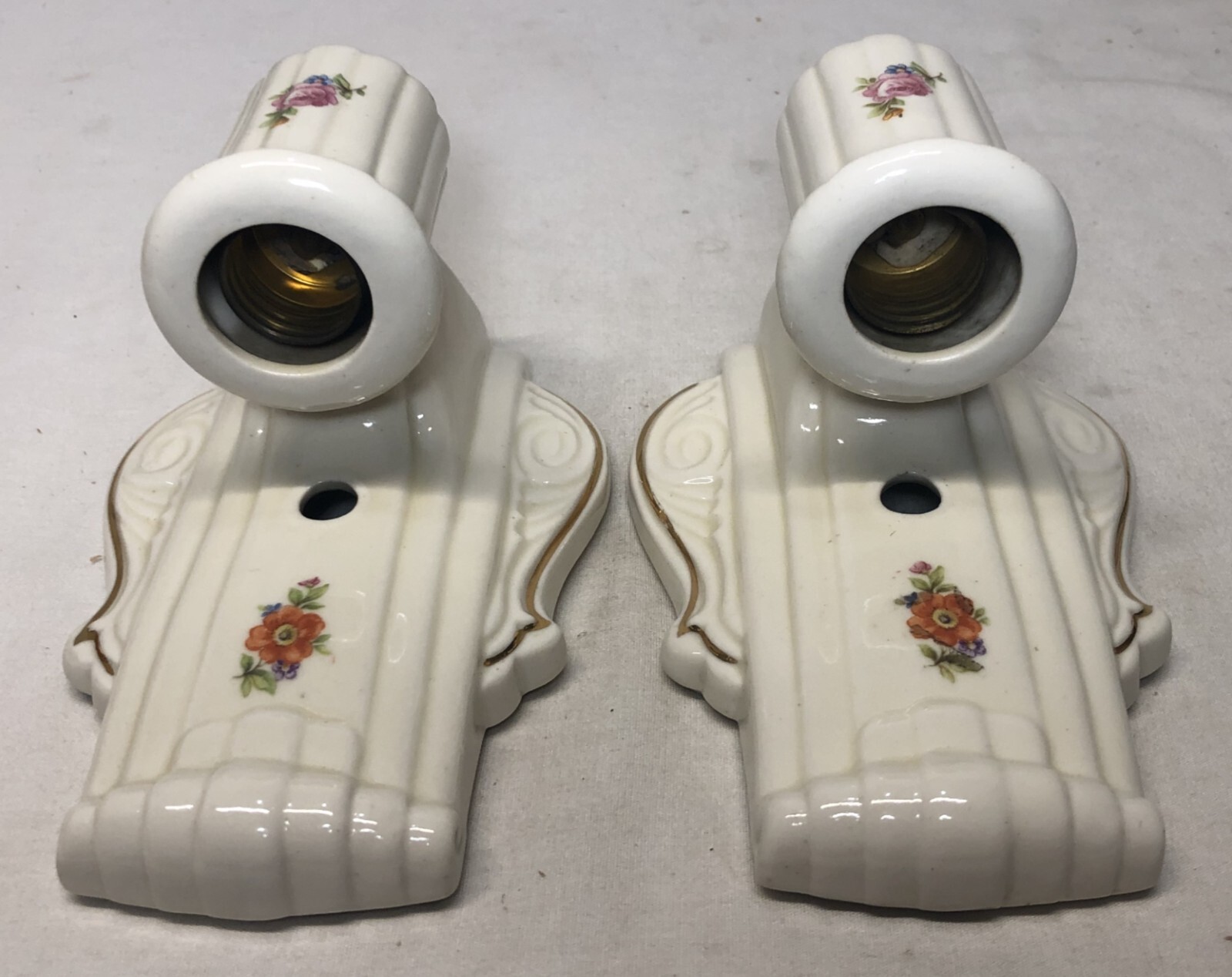Porcelain Wall Sconce Pair Vtg Ceramic Light Fixture Flower Gold Art USA #i29