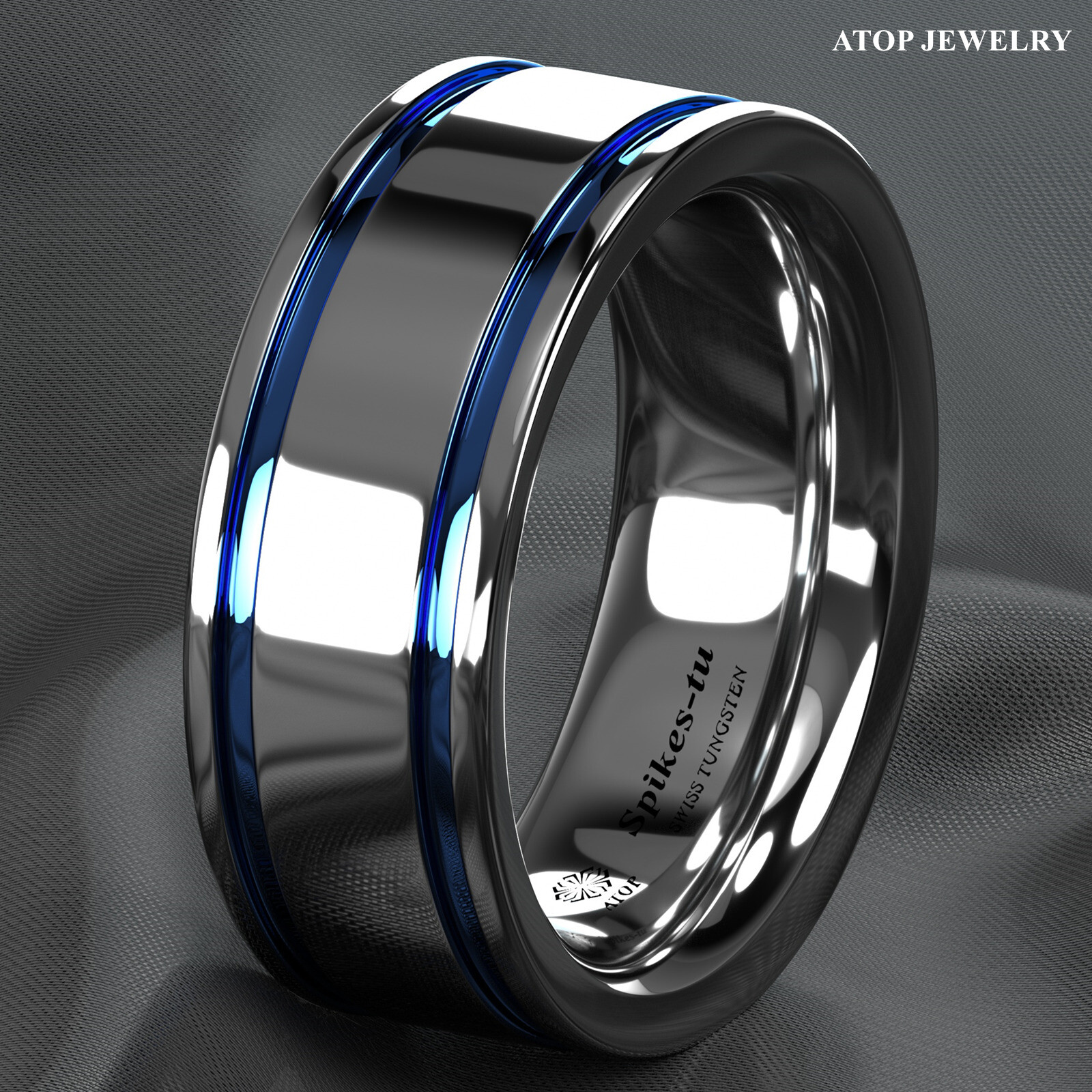 8mm Tungsten Carbide Ring Blue Grooved Line For Men Wedding Band ATOP Jewelry