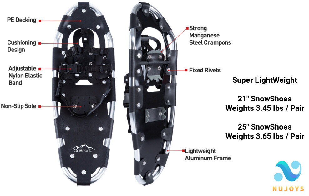 Lightweight Al Snowshoes Unisex 21/25 Inch Pair Anti-shock With Poles Kit & Bag