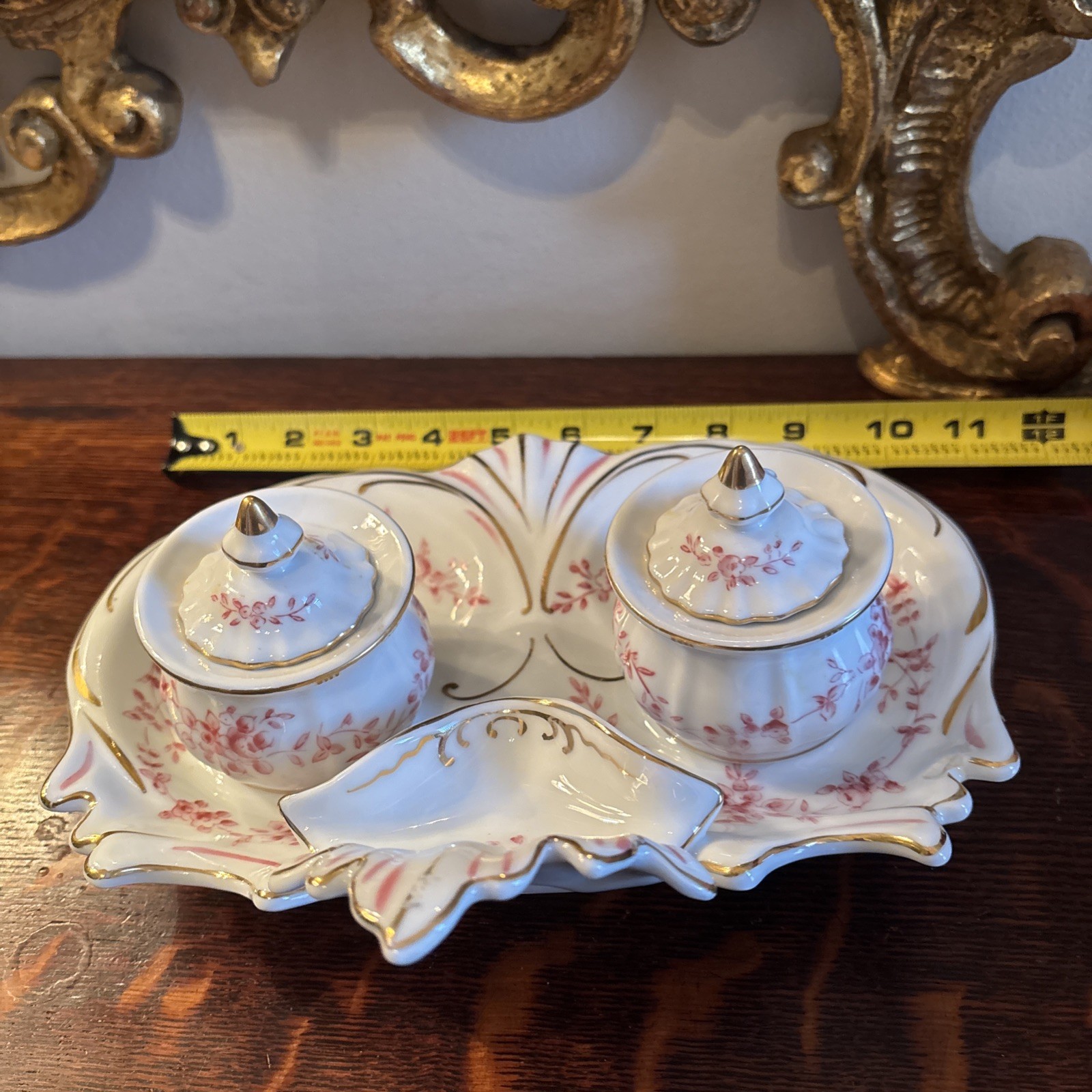 Porcelain 5 Piece Inkwell Dresser Set~Sandrea Japan G904~Chips & Cracks