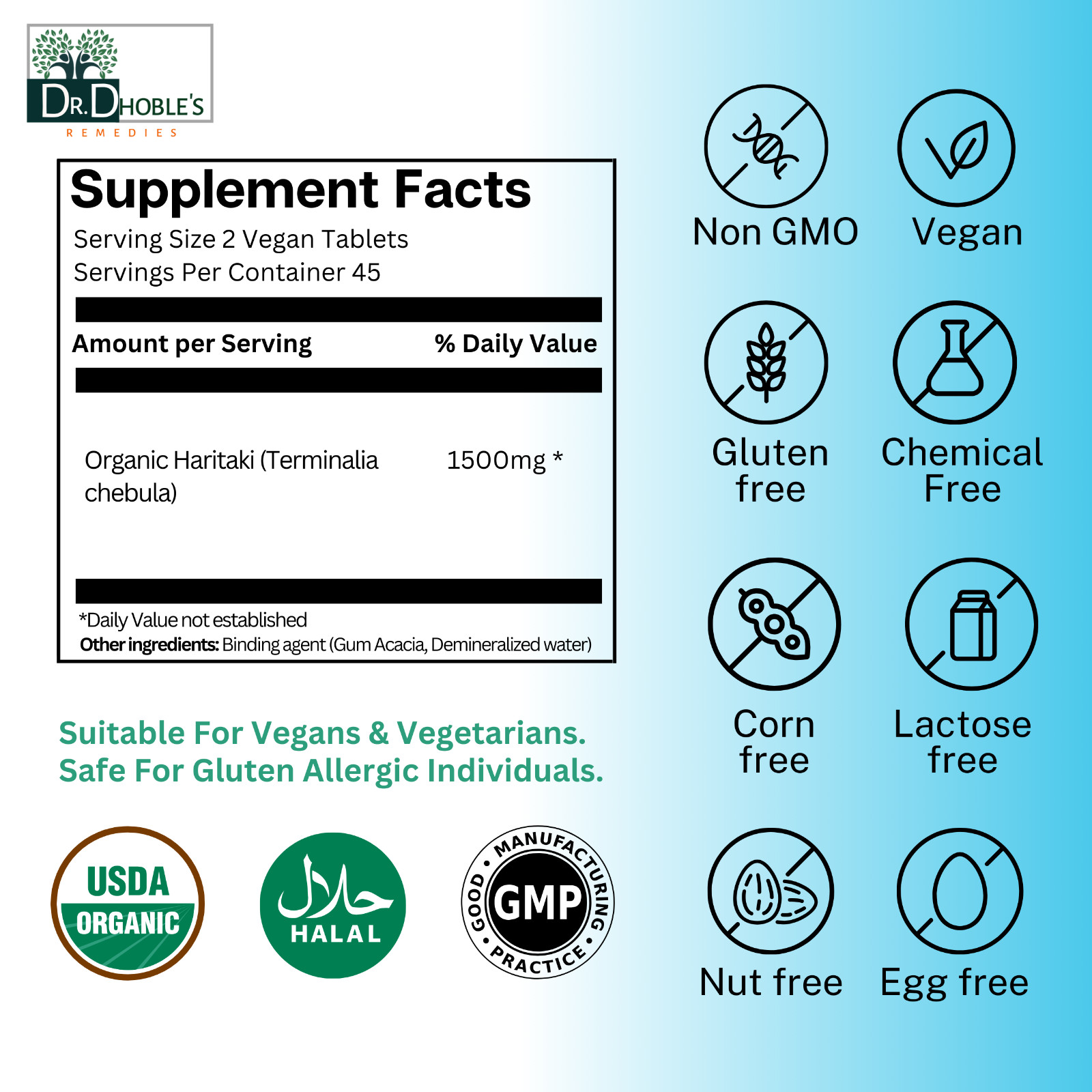 Dr. Dhoble's Remedies USDA Organic Haritaki, No Extract, Vegan 90 Tablets