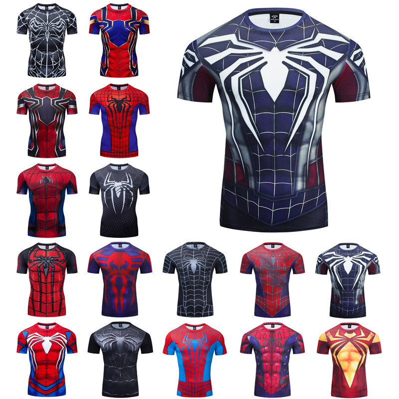 Men's T-shirts Spider Superhero Compression Tights Tops Short Sleeve Tee Gym NEW