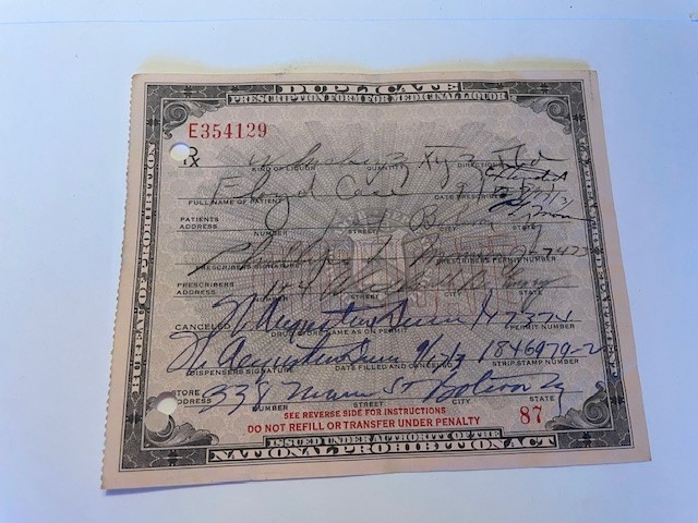 Early 1930's Prohibition Prescription for Medicinal Liquor - Quantity 1