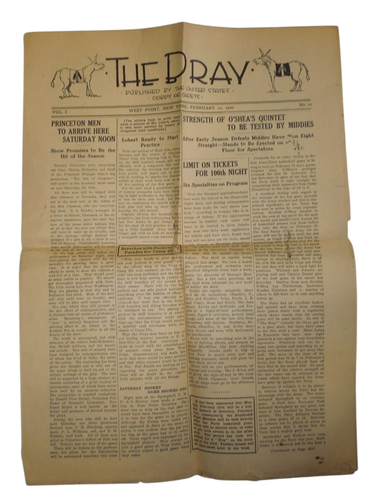 Original US Military Academy West Point THE BRAY 1920 Cadet Newspaper Q7