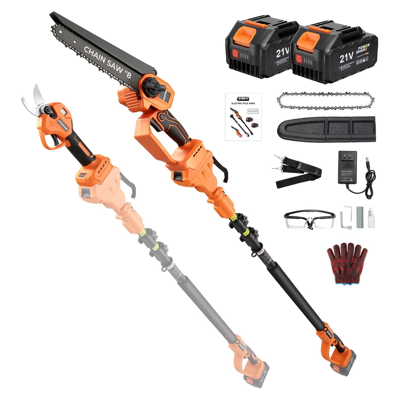 4-in-1 Cordless Pole Saw & Pruning Shears Combo Kit 16FT Reach 8" Chainsaw
