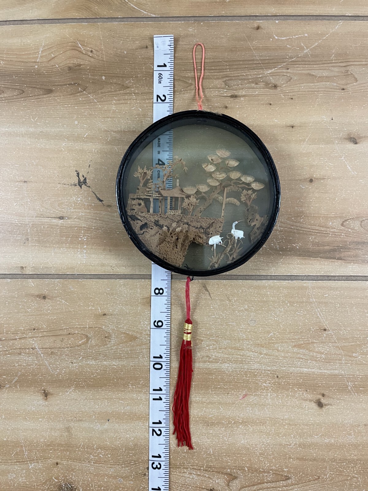 Vintage Chinese Cork Carving Wall Art Pagoda Crane Scene Round Framed Decor