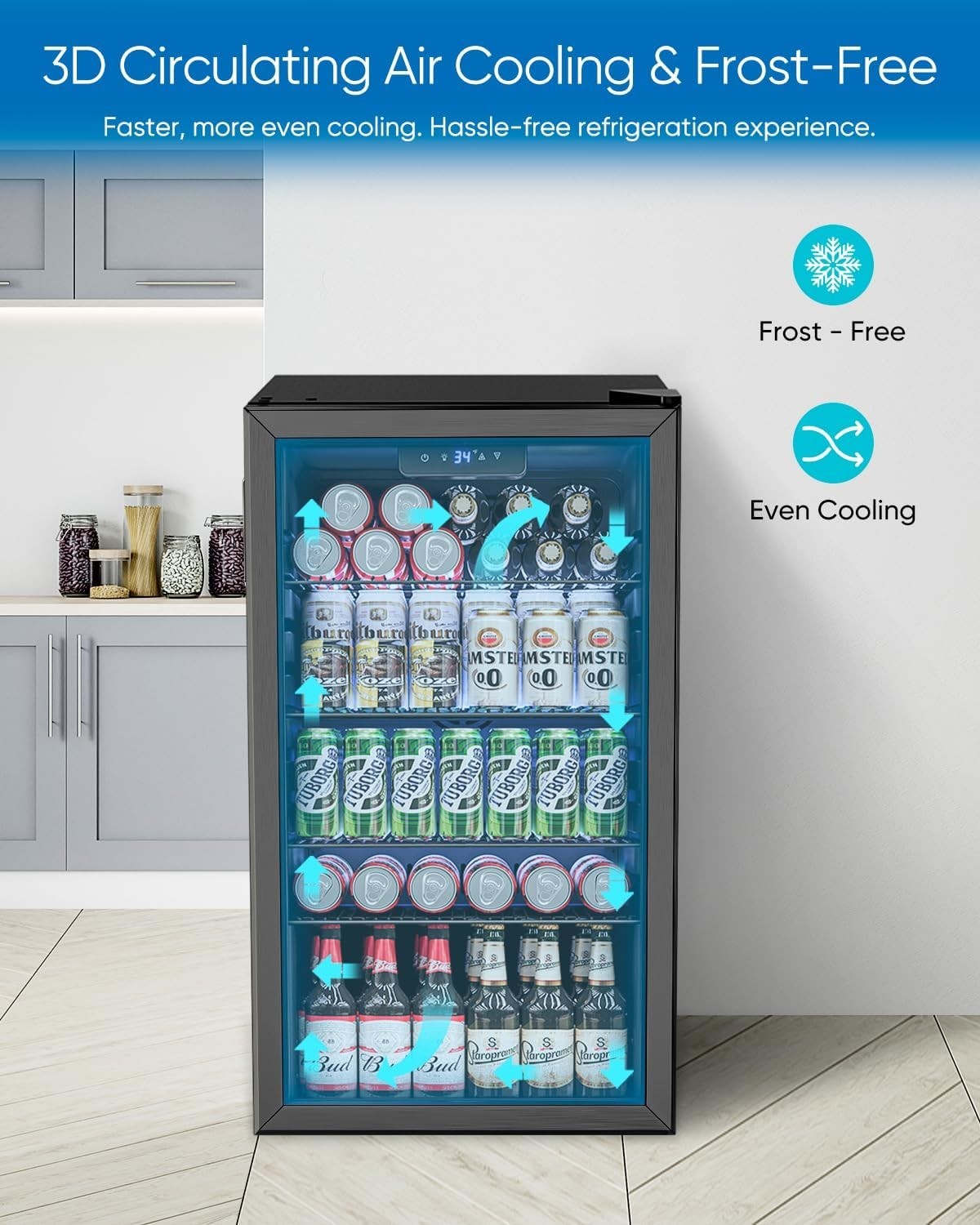 3.2 Cu.Ft Mini Fridge with Glass Door - 126 Can Beverage Refrigerator Cooler ...