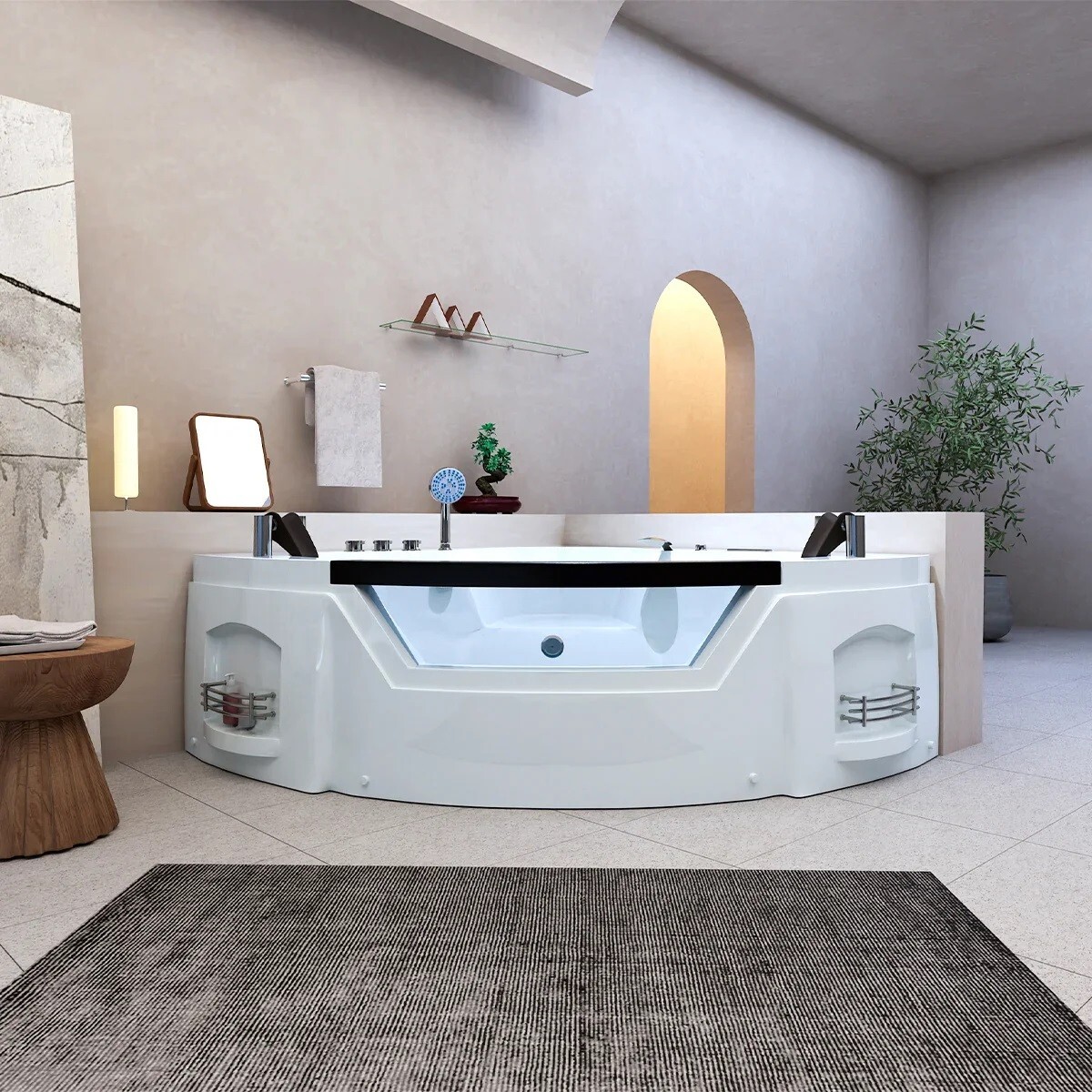 Corner Bathtub 61" Acrylic with Light, Heater, Freestanding Soaking Spa Jetted