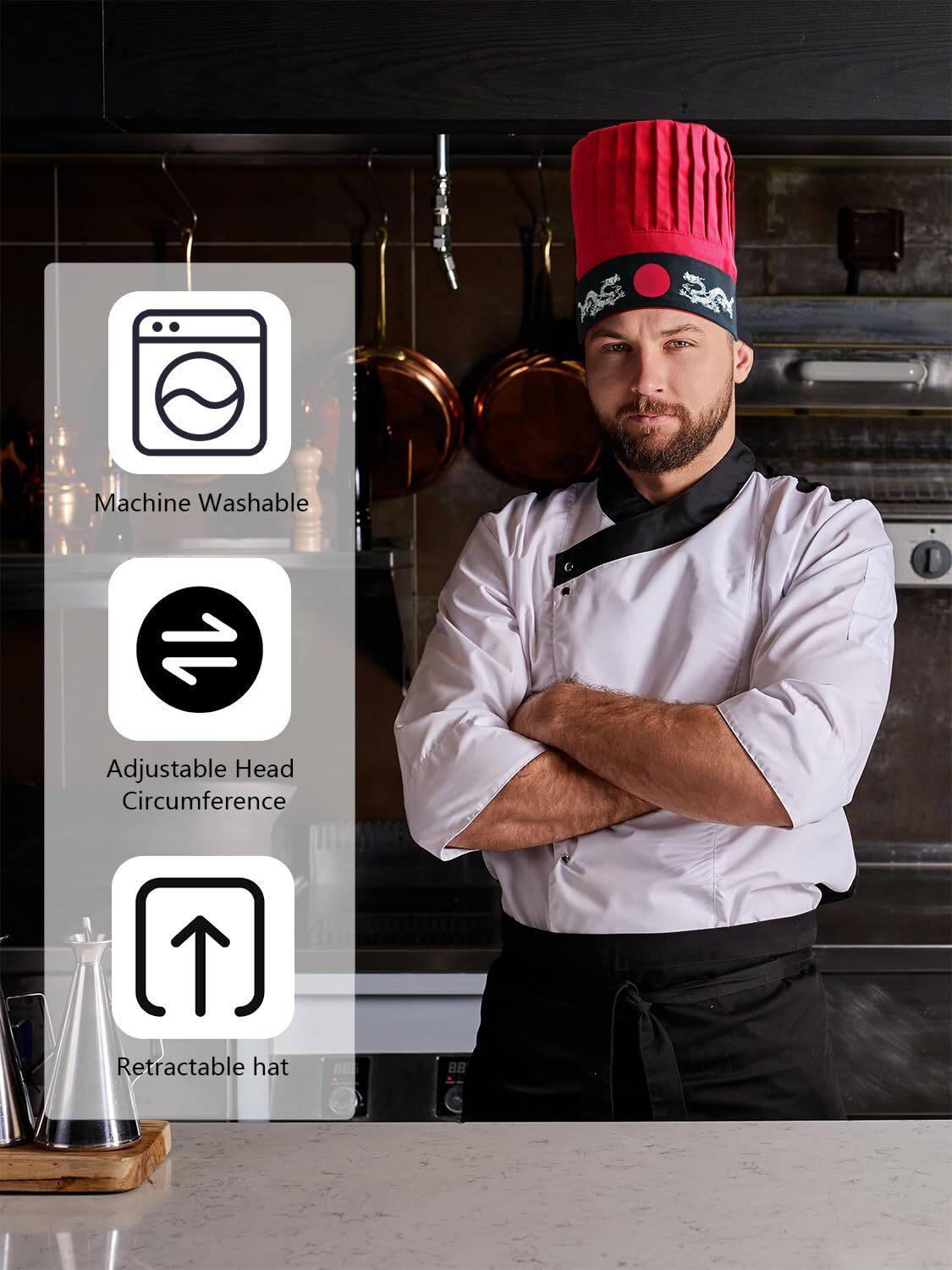 Hibachi Chef Hat Teppanyaki Tall Chef Cap with hachimaki Headband Tie for Che...