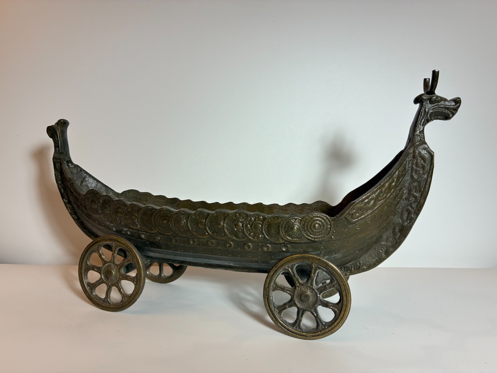 Vintage ROLLING BRONZE VIKING SHIP Metal LONGSHIP Wheels Art 16" Aagaard (?) MCM