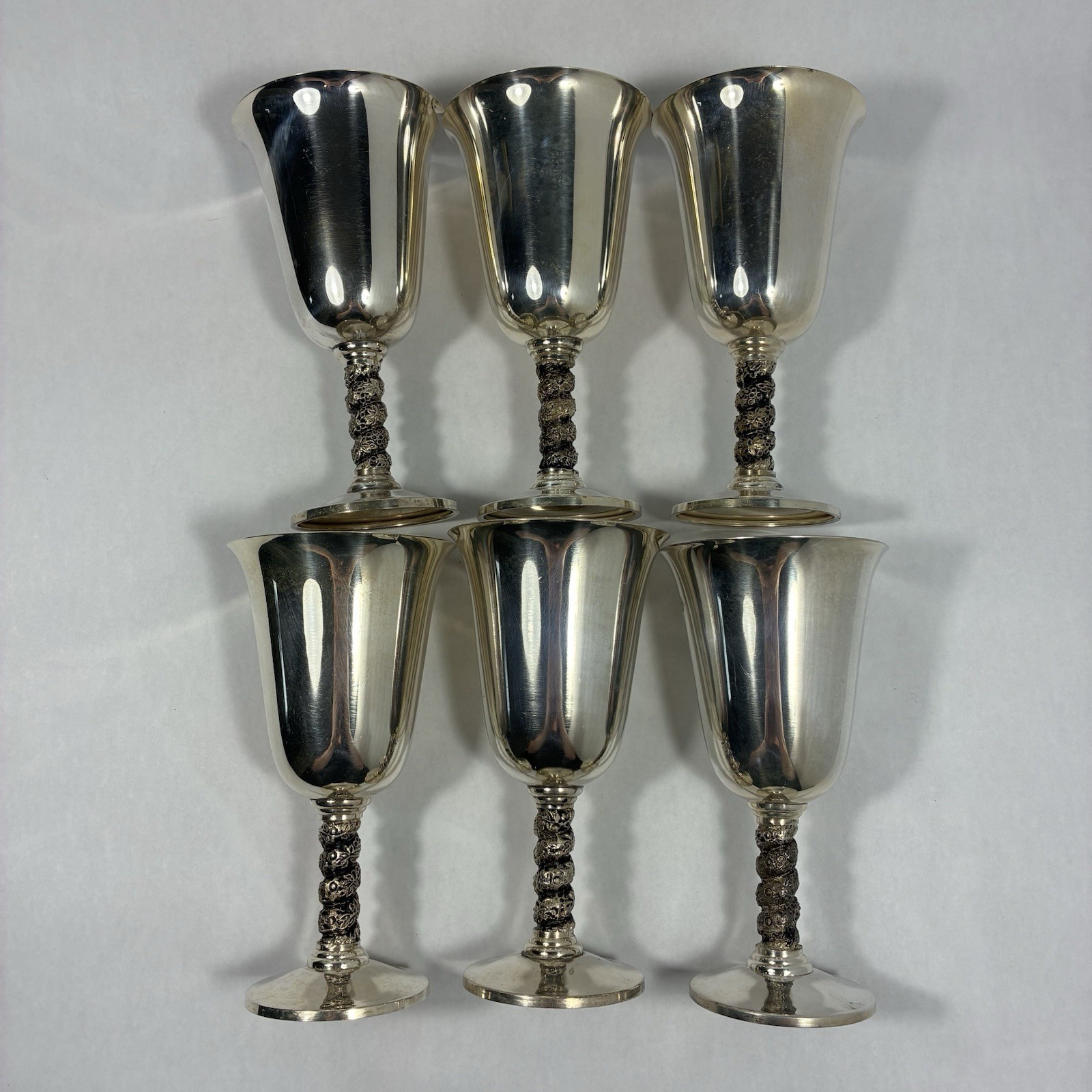 6 Vintage Silver Plated Wine Goblets Spanish Twisted Grapevine Stem Cups Clean