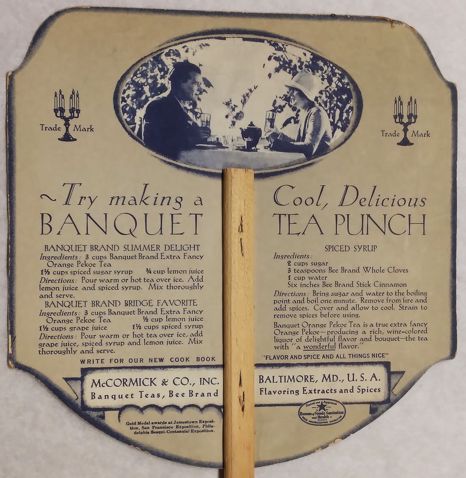 McCormick Orange Pekoe Tea c1920 hand held advertising fan