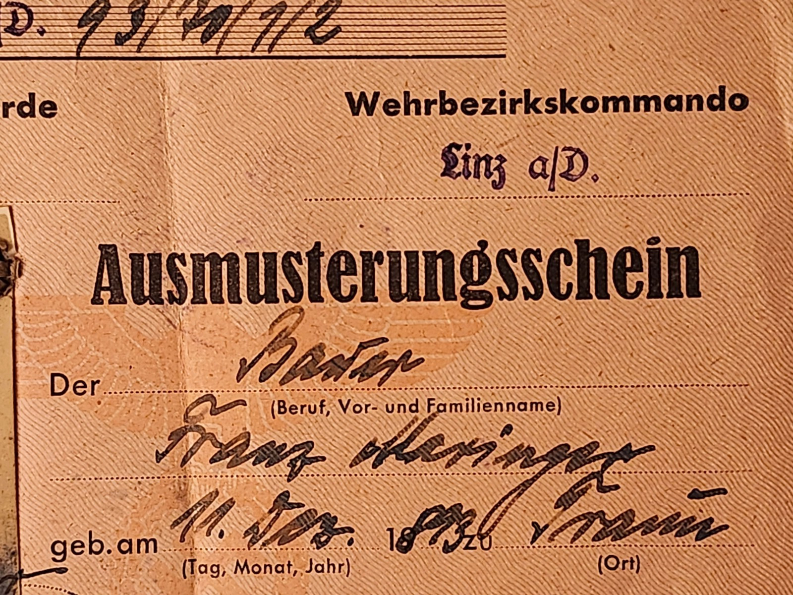 WW2 Germany. Ausmusterungsschein (Discharge Certificate)