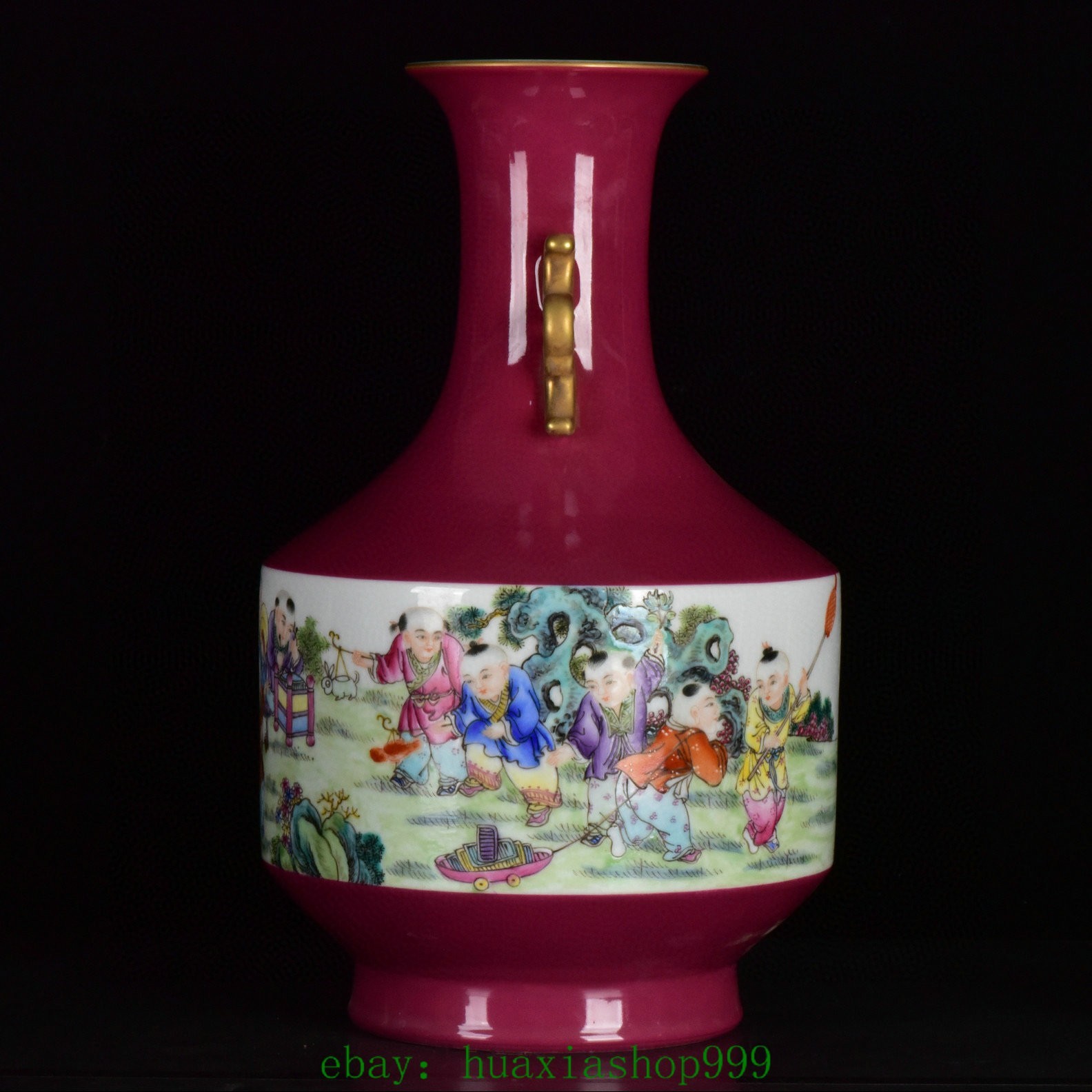 15.7"Purple Glaze Famille Rose Porcelain Gilt Tongzi Kid Boy 2 Ear Bottle Vase
