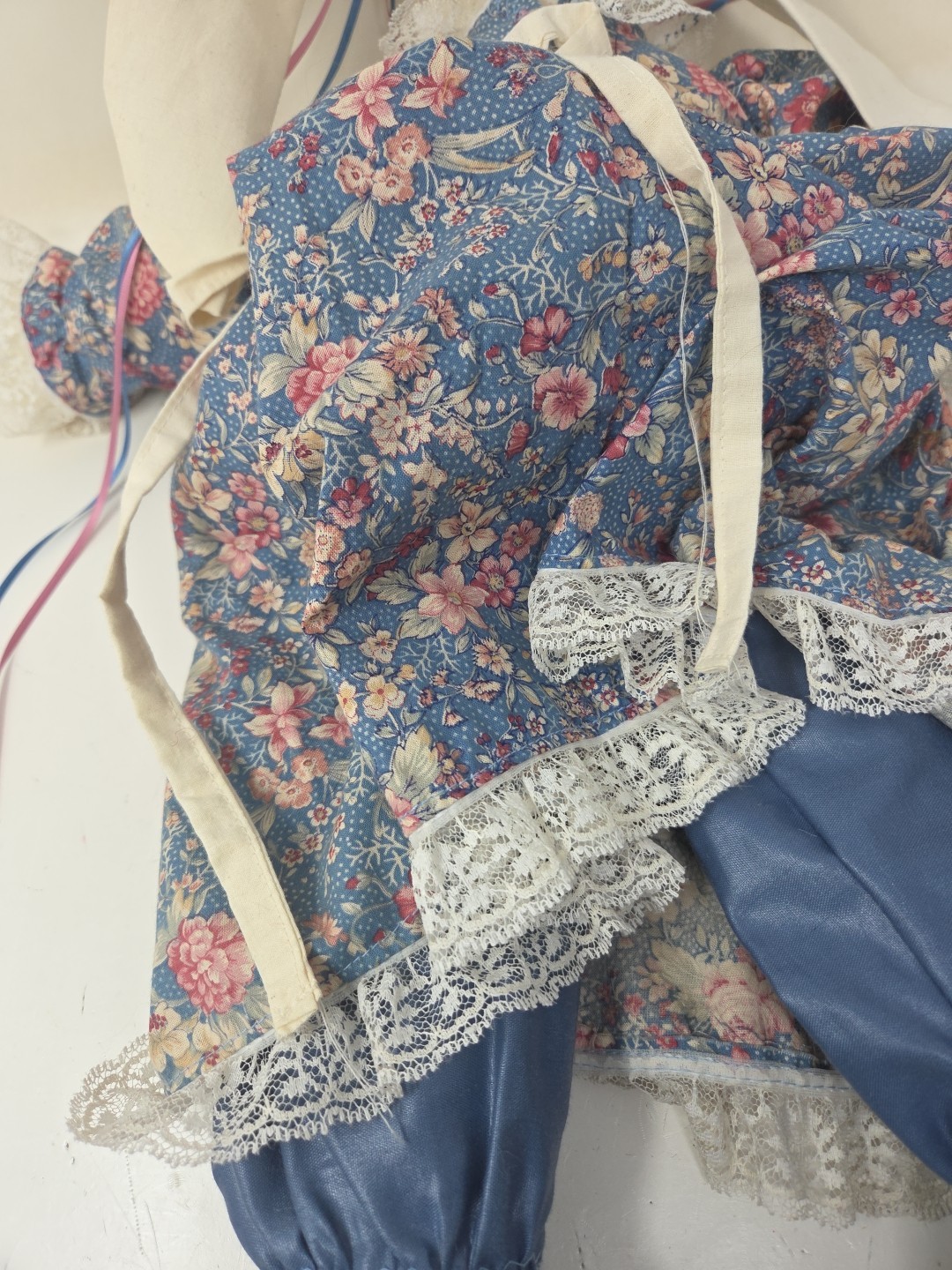 Vintage Handmade 19” Easter Bunny Rabbit Doll Flowers Floral Lace Dress & Apron