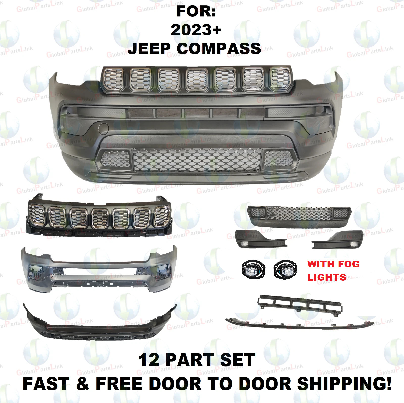 FOR 2023 JEEP COMPASS FRONT BUMPER UPPER LOWER WITH GRILLS AND FOG COVERS