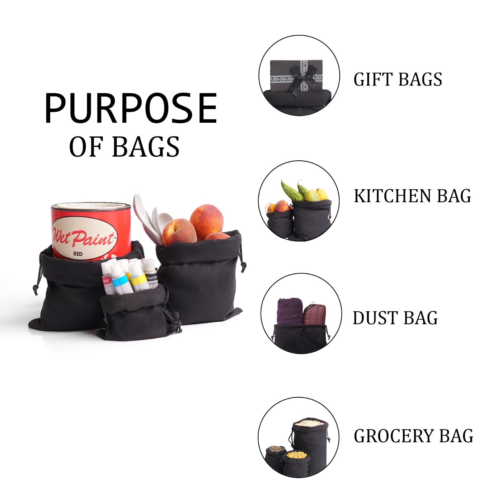 100 Pcs of 3 x 4 Inches Cotton Single Drawstring Premium Black Muslin Bags.