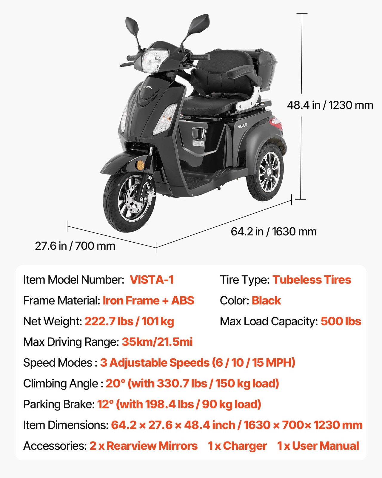 VEVOR Heavy Duty 3-Wheel Mobility Scooters 21.5 Miles 3-Speed 500lbs Capacity