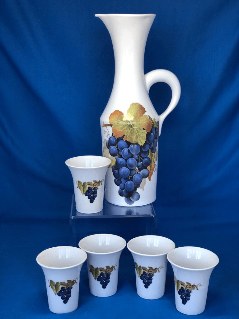 Vintage Naaman Israel Porcelain Grapes Decanter Pitcher & 5 Cups 6pc